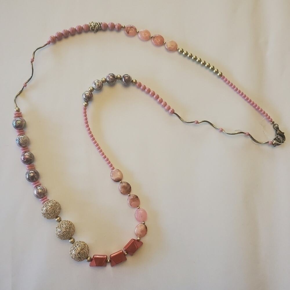 Treska beaded metallic geometric shape‎ funky very long necklace